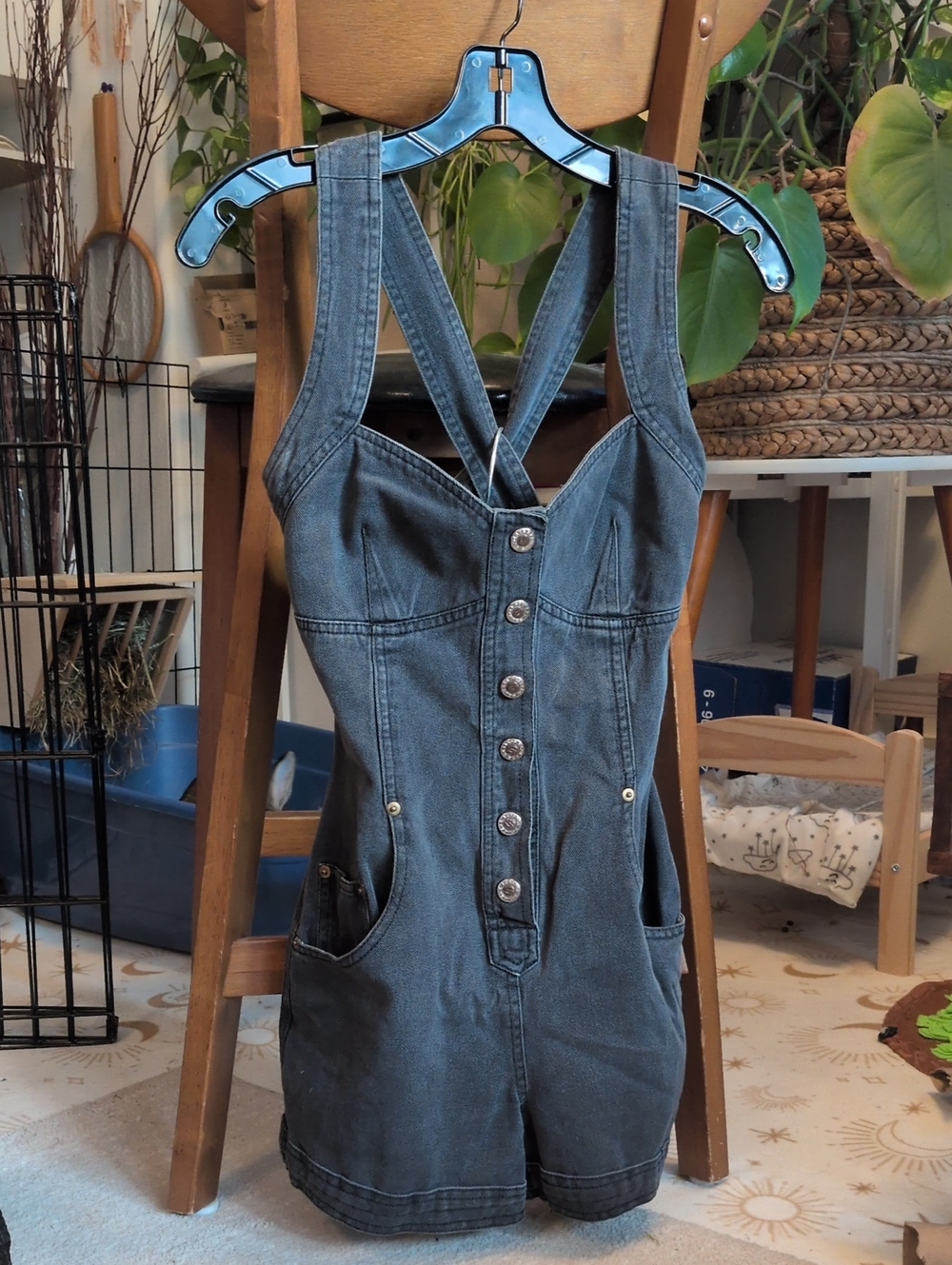 Squeeze Dark Denim Button-Front Short Overalls